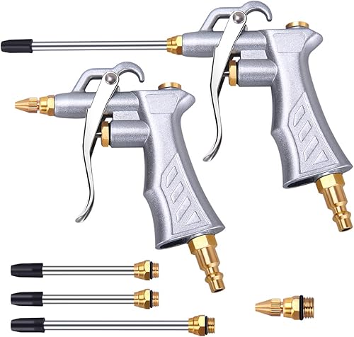 Pistola de aire industrial con boquilla de flujo de aire ajustable de latón y 2 extensiones de flujo de aire de acero, compresor de aire neumático