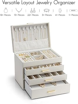 VLANDO Large Jewelry Box, 4 Layer Storage Organizer, Removable Dividers