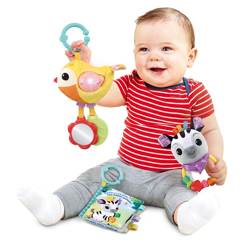 VTech - Coffret Naissance Bébés Animaux, Premiers Jouets Bébé Fabriqués avec des Matériaux Plus Durables, Oiseau Musical, Livre en Tissu, Hochet Zèbre, Cadeau Nouveau-Né - Contenu en Français