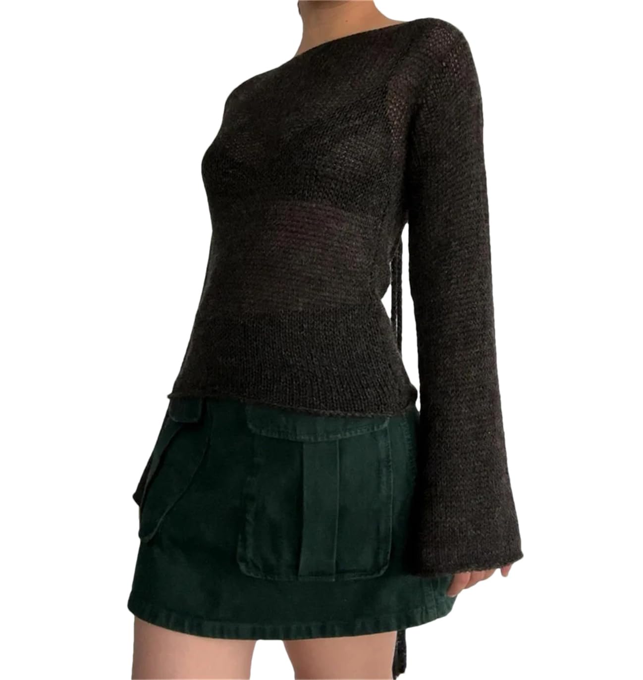 Donne Backless Tie-Up Pullover Top Manica Lunga Flare Slim Solido Maglioni Party Jumpers