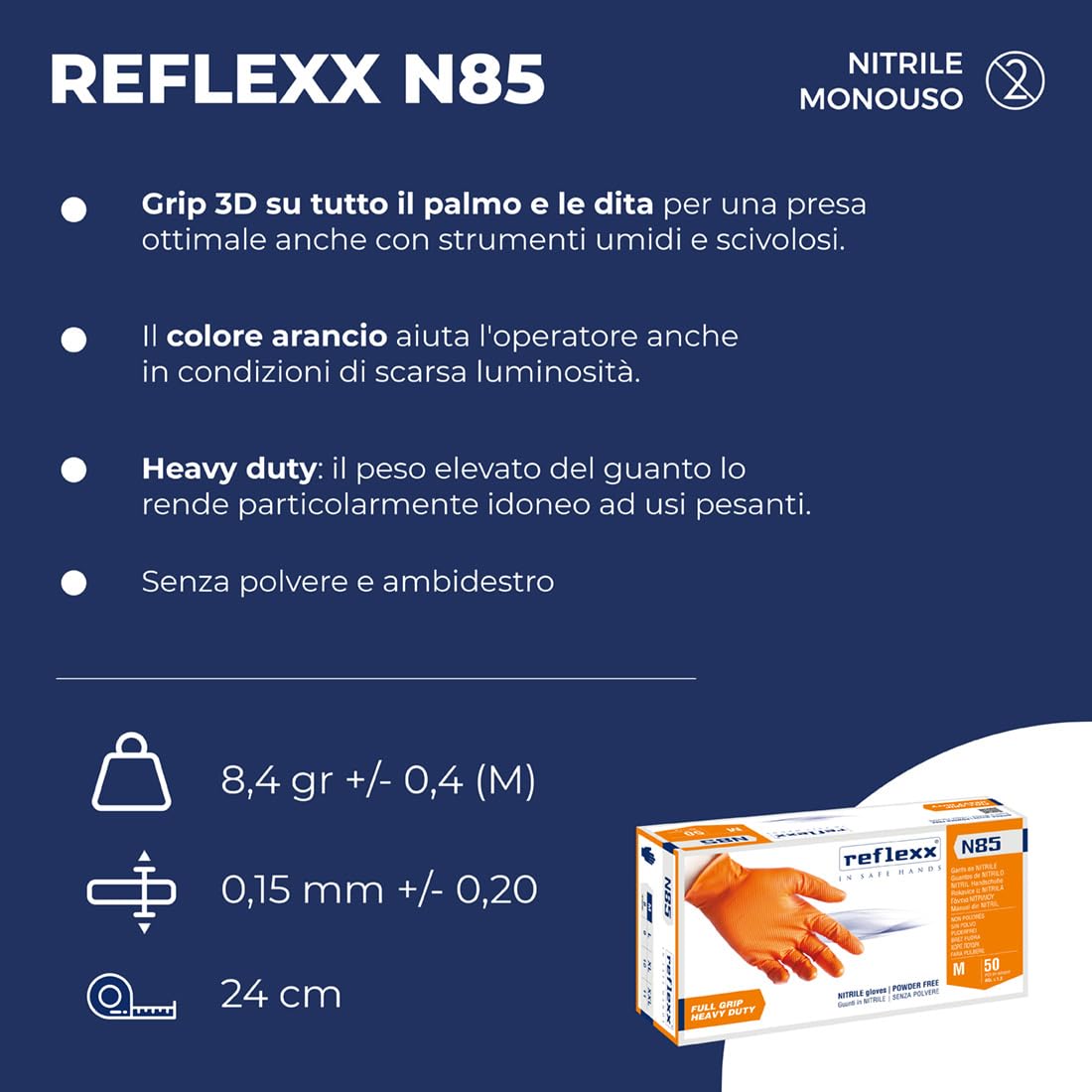 Reflexx N85 rękawiczki nitrylowe z pełnym uchwytem | wytrzymałe, M, arancione, 50