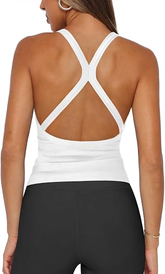 Hragc Womens Halter Tops Racerback Workout Tank Top for Women Plunge V Neck Split-Back Spaghetti Strap Fitted Ribbed Shirts