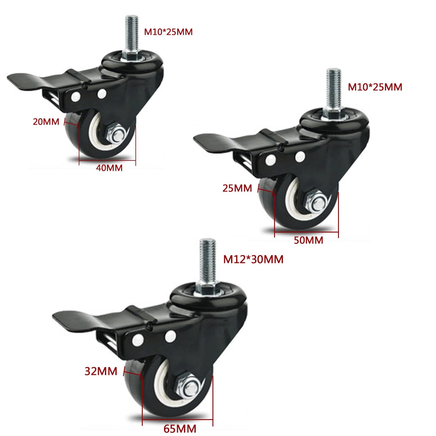 4 Pièces 40mm roulettes Pivotantes Silencieuses avec Frein, M10/12 roulettes Filetées Capacité de Charge 120kg, Roues en PU for Meubles(2swivel+2with Brake,50mm)