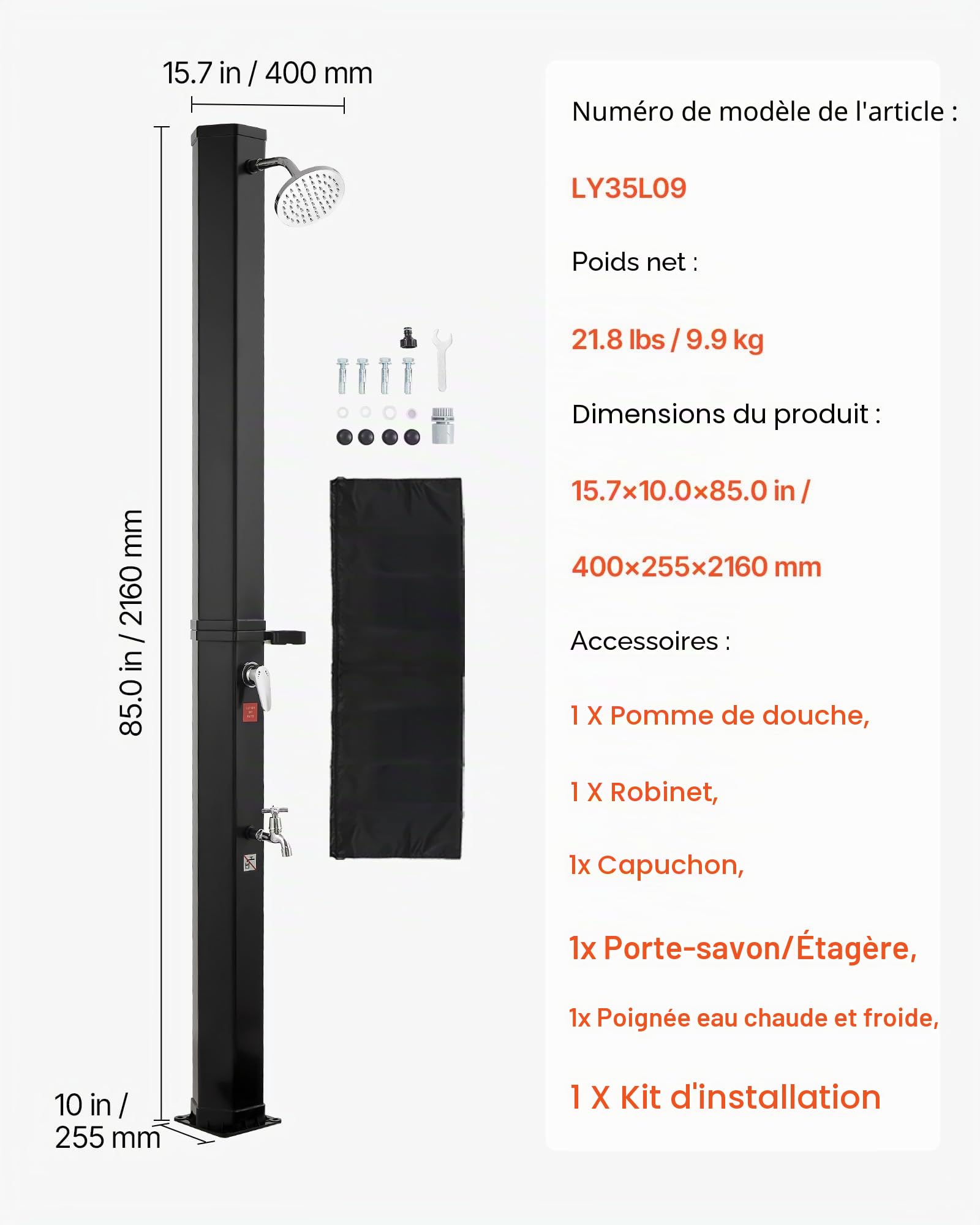 VEVOR Douche Solaire 35 L Douche Extérieur Solaire Autoportante pour Jardin Piscine Plage, Hauteur Pommeau 1,95 m, avec Robinet de Lavage des Pieds, Porte-Savon, Réglage Eau Chaude et Froide, Noir