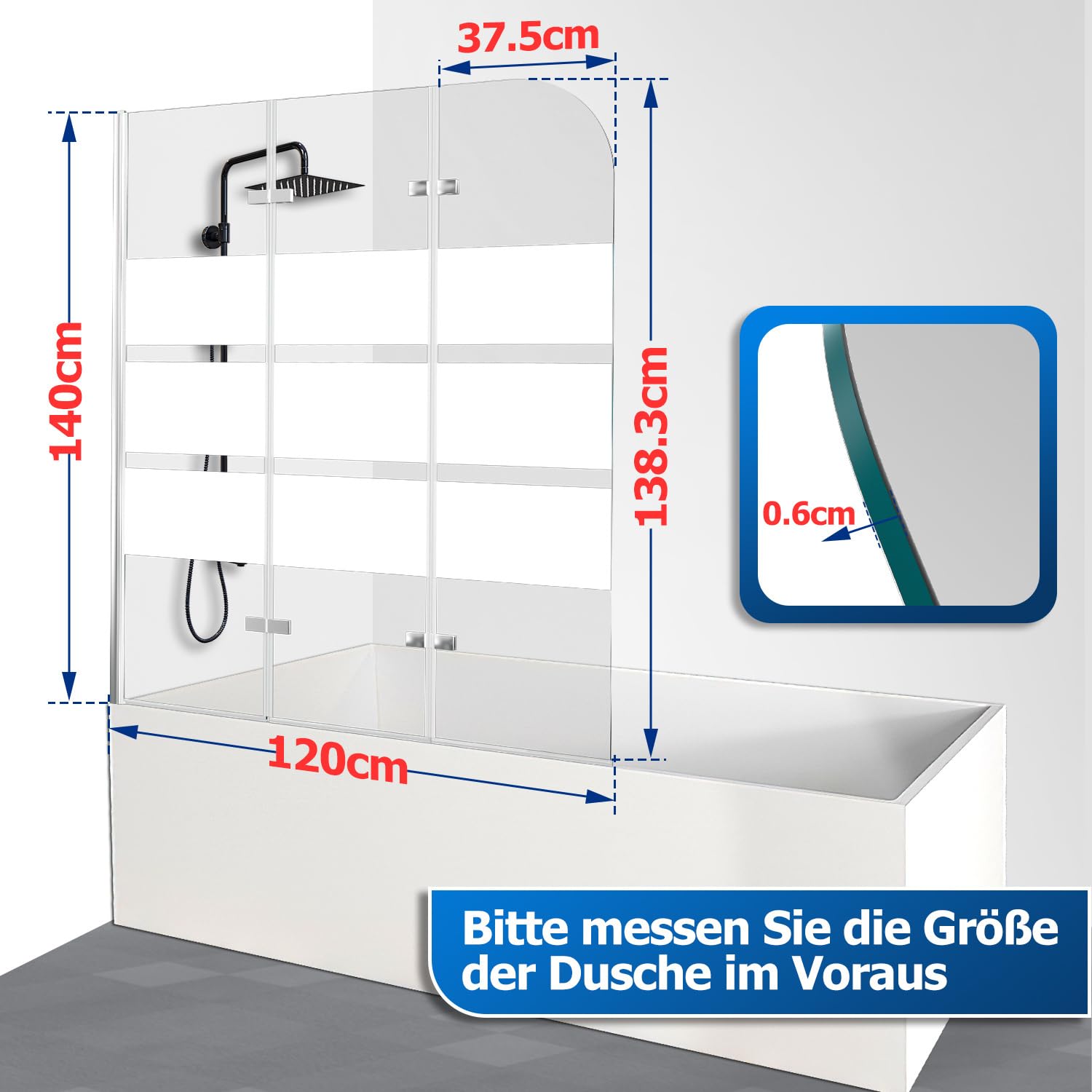 Mampara de ducha plegable para bañera, 120 x 140 cm, 3 piezas, cristal ESG, mampara de ducha plegable con nanorrevestimiento, rayas blancas