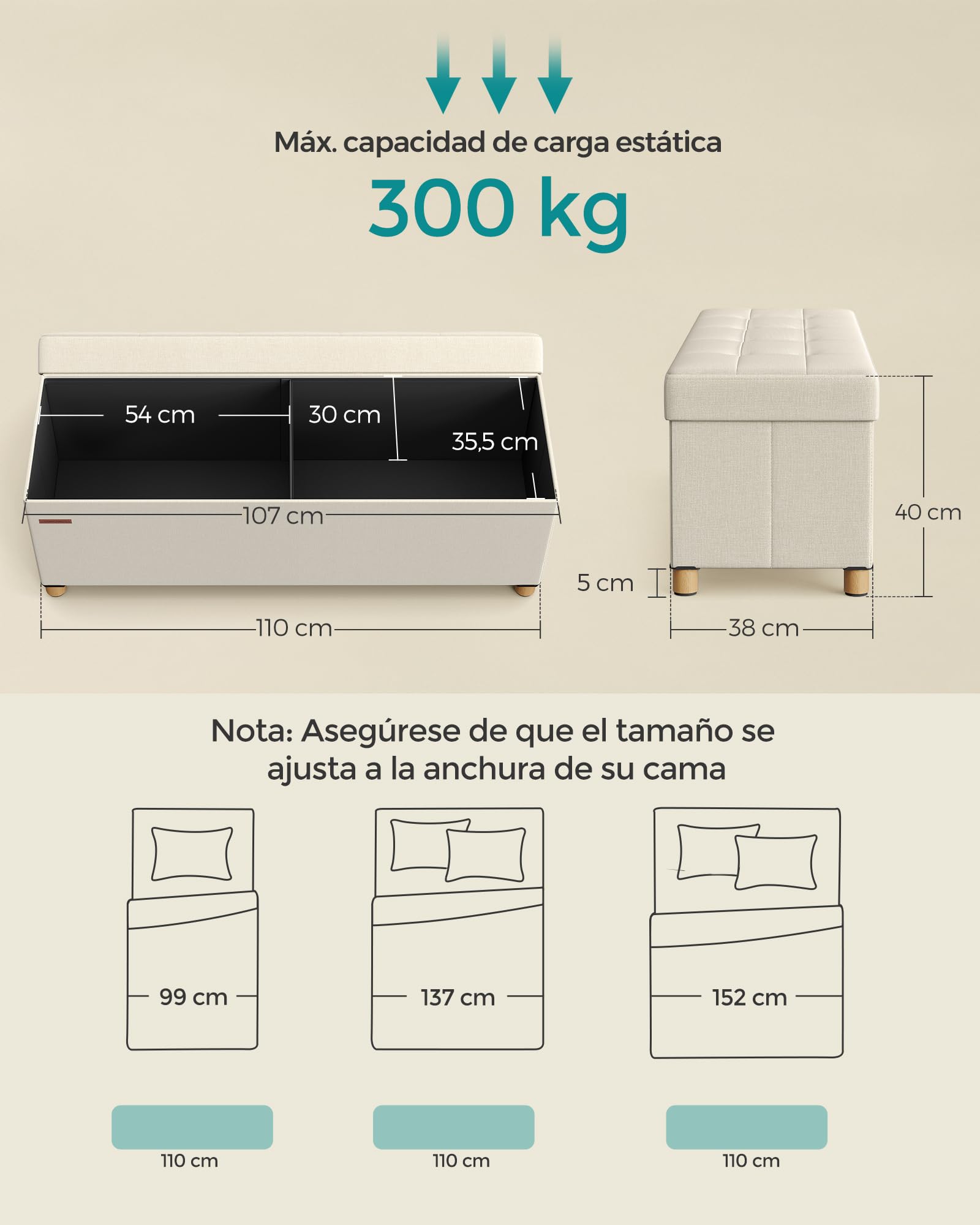 SONGMICS Puff Almacenaje, Baúl Plegable con Patas, 38 x 110 x 40 cm, Banco de Pie de Cama, Banco Almacenaje, Soporta hasta 300 kg, para Sala de Estar, Dormitorio, Entrada, Blanco Crema LSF018W11