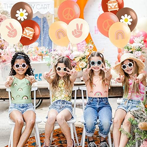 A1DIEE 50Pcs Groovy Retro Hippie Boho Girl Party Balloons 12Inch Daisy Flower Rainbow Bus Peace Sign Latex Balloons Bouquet Hippie Themed Birthday Party Decoration Supplies for Girls Women Baby