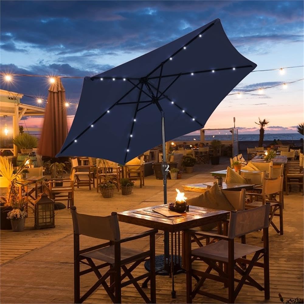 Pemberly Row 10ft Patio Solar Umbrella, LED Lights, Steel Frame with Tilt Mechanism, Navy Canopy, Outdoor Market Sunshade for Patio or Garden Use