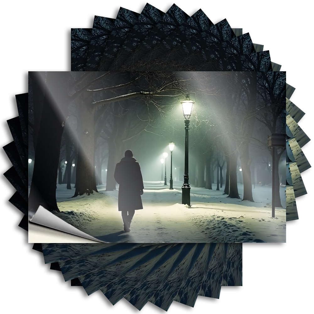 Stuff for Bedroom, Stickers Teacher Hard A Person Walks Alone in A Snowy, Lantern-lit Park At Night. | Cute Waterproof Vinyl Stickers(12X18CM)
