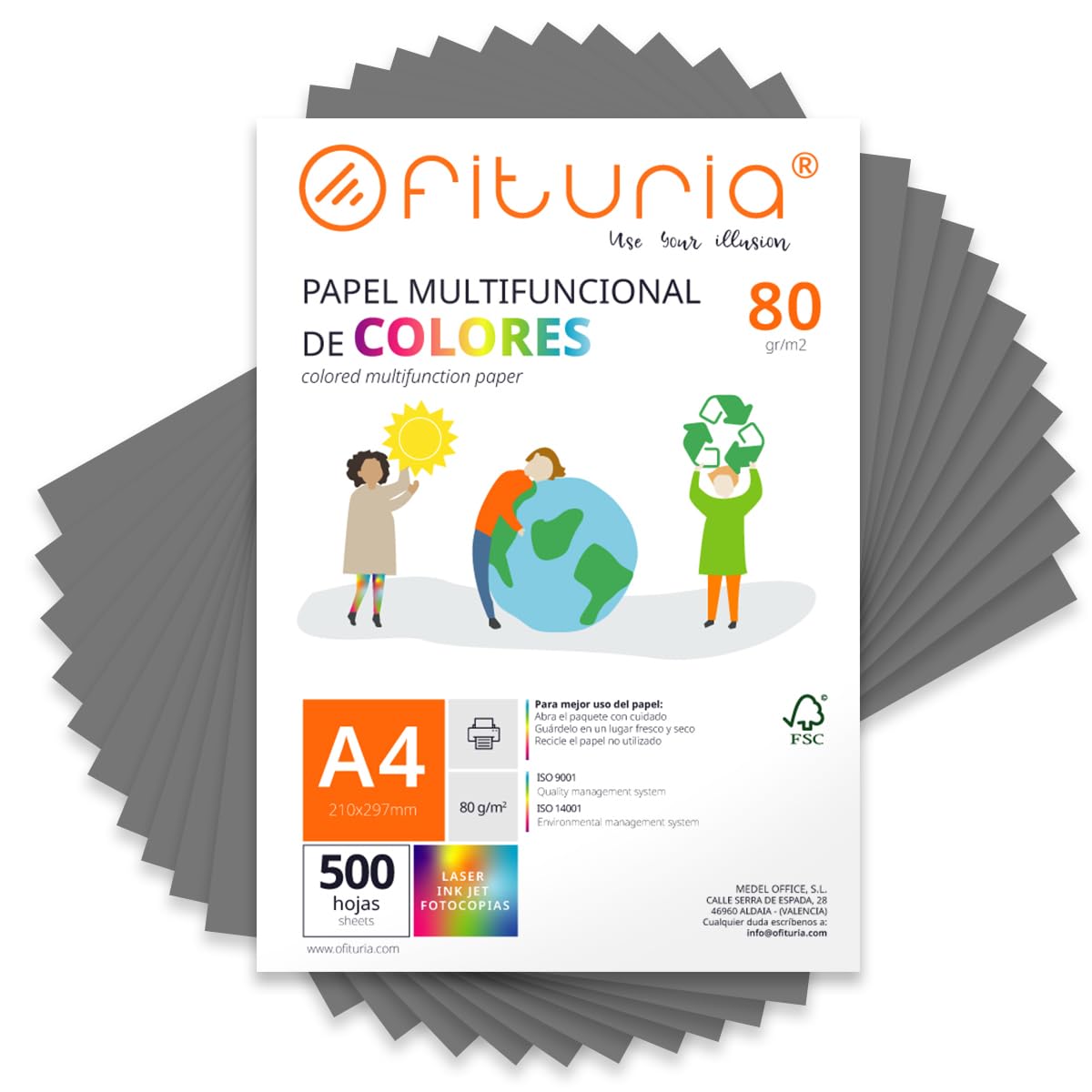 Coloured Sheets, Pack 500 Sheets A4 80 g – Coloured Paper for Crafts, Printer, Scrapbooking – Folios Colours – Ideal Origami, Papiroflexia, Office and School (Grey, 500h)
