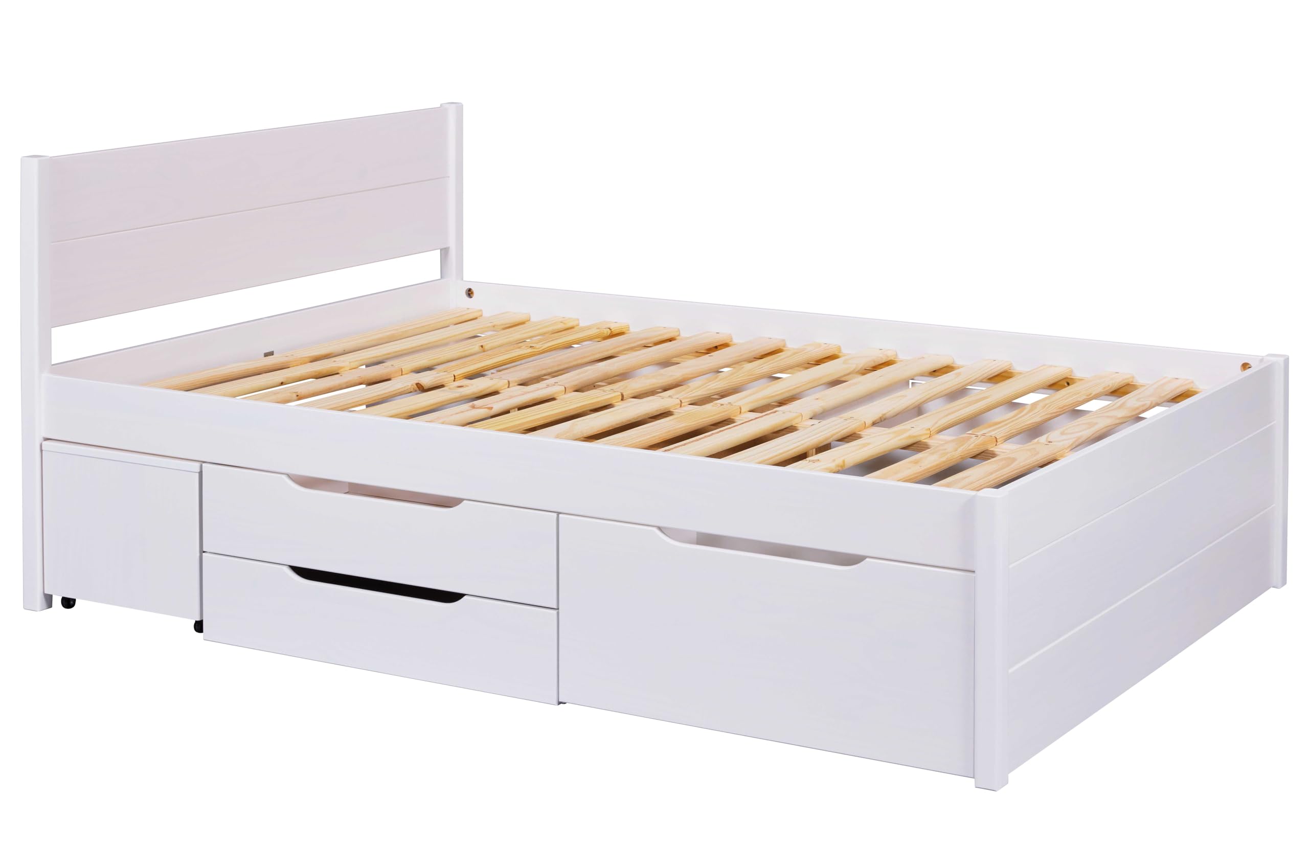 Inter Link - Bett mit Schubladen - Doppelbett 180x200 cm – Kojenbett mit Stauraum – Kiefer massivholz – 4 Schubladen und 2 Schubkasten – Inkl Lattenrost – Weiß lackiert – Efetivo 180x200cm
