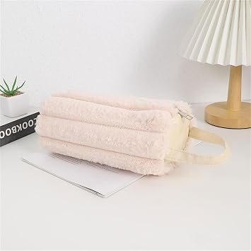 Large Capacity Pencil Case with Handle Spacious Compartments Plush Pencils Pouches Pen Organizers Bag Travel Makeup Striped Cosmetic