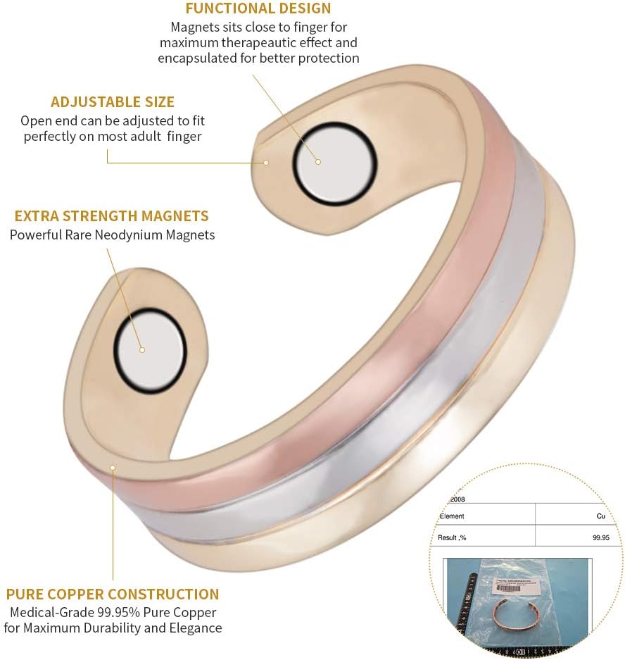Copper Rings for Women, 2.3inch Tricolor Gold Pure Copper Applicable 3PCS Suit Ring, with Magnet Mother's Day Gift