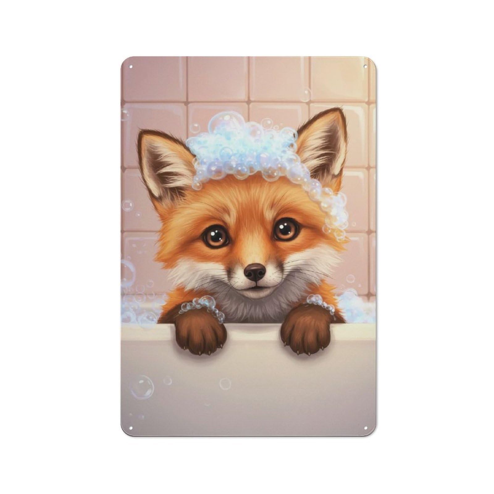 Nostalgic Fox in Bathtub with Bubbles Metal Wall Sign 30x20cm, Bar Wall Plaque for Pub, Home Bar, Shed Or Man Cave