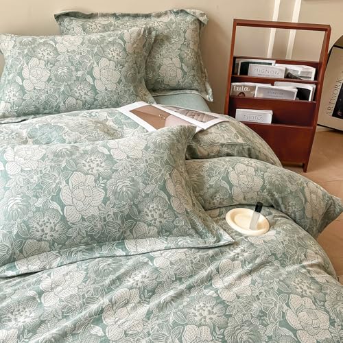 VM VOUGEMARKET Sage Green Duvet Cover Queen with Jacquard Flower Pattern Linen Cotton Yarn-Dyed Textured Duvet/Comfoter Cover Set,Moisture Wicking Retro Bedding Set for Adults