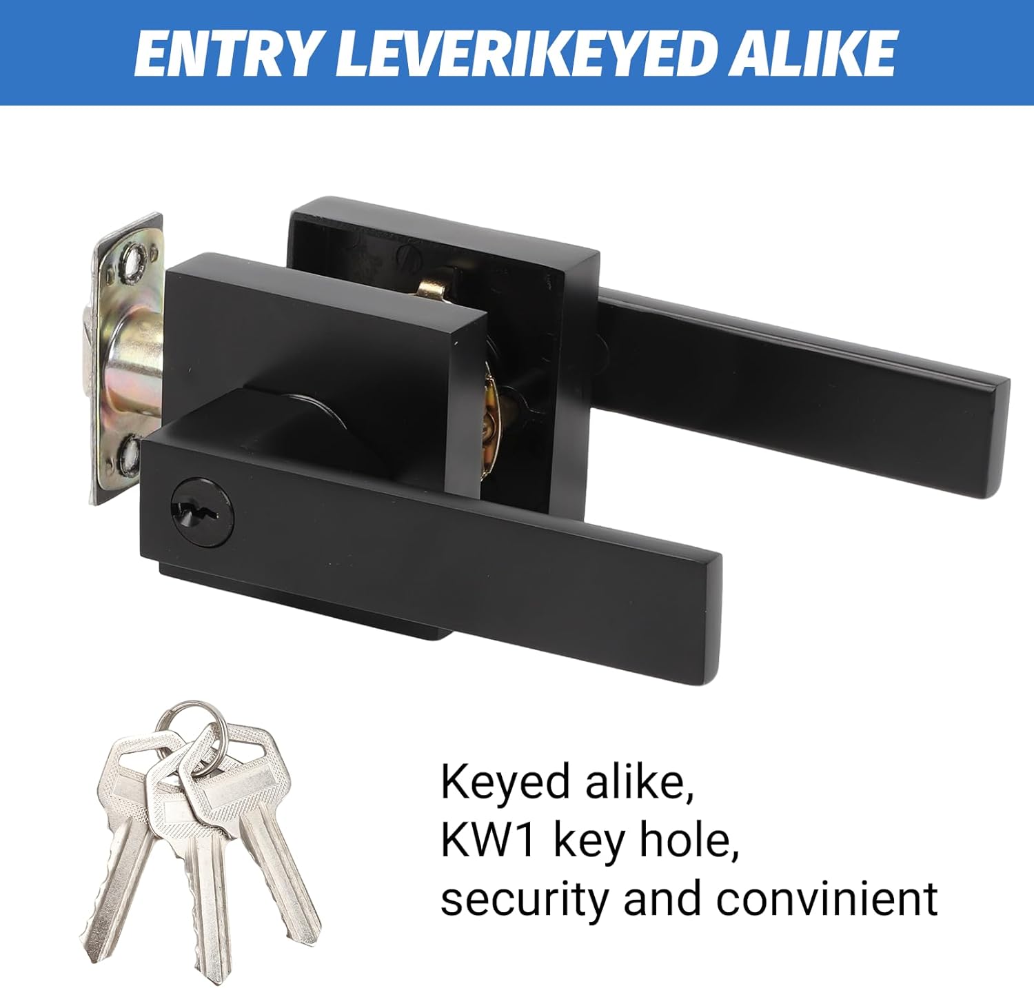 Entry Door Handle, Black Door Lever with Lock and Key, Entrance Door Lock Heavy Duty Keyed Exterior Door Knob for Bedroom, Bathroom, Front Door, Office, 1 Pack in Black Each with 3 Keys