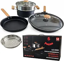Kit Panela de Ferro REFORÇADO, 6 itens completo Fundido, tampas de vidro, cabos de madeira, Ferro GROSSO, Antiaderente