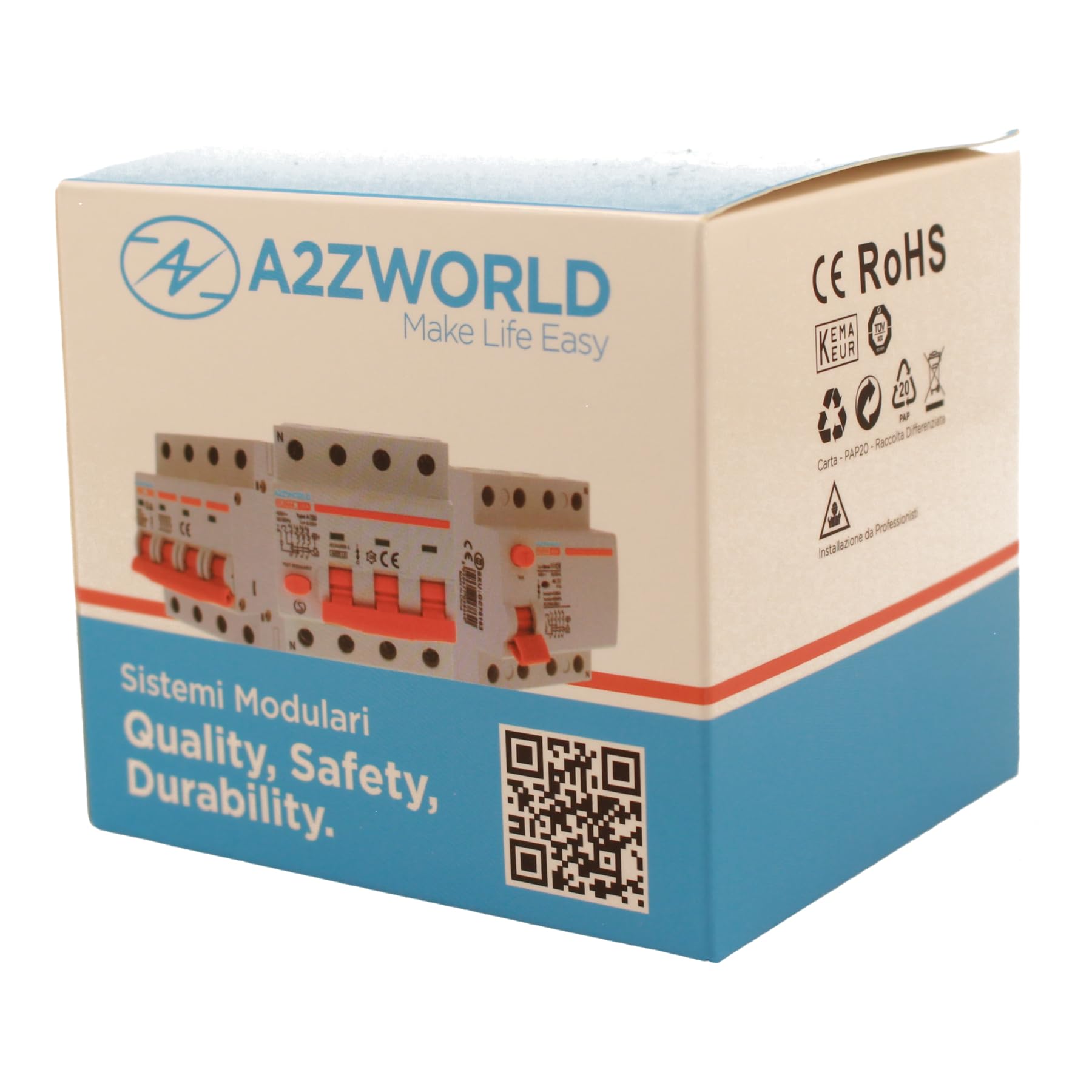 A2ZWORLD Interrupteur magnétothermique différentiel triphasé, type A 300mA, RCBO Classe A 4P C20 20A, courbe C 3P+N 6000A, occupe 4 modules DIN, AC 400V IP20
