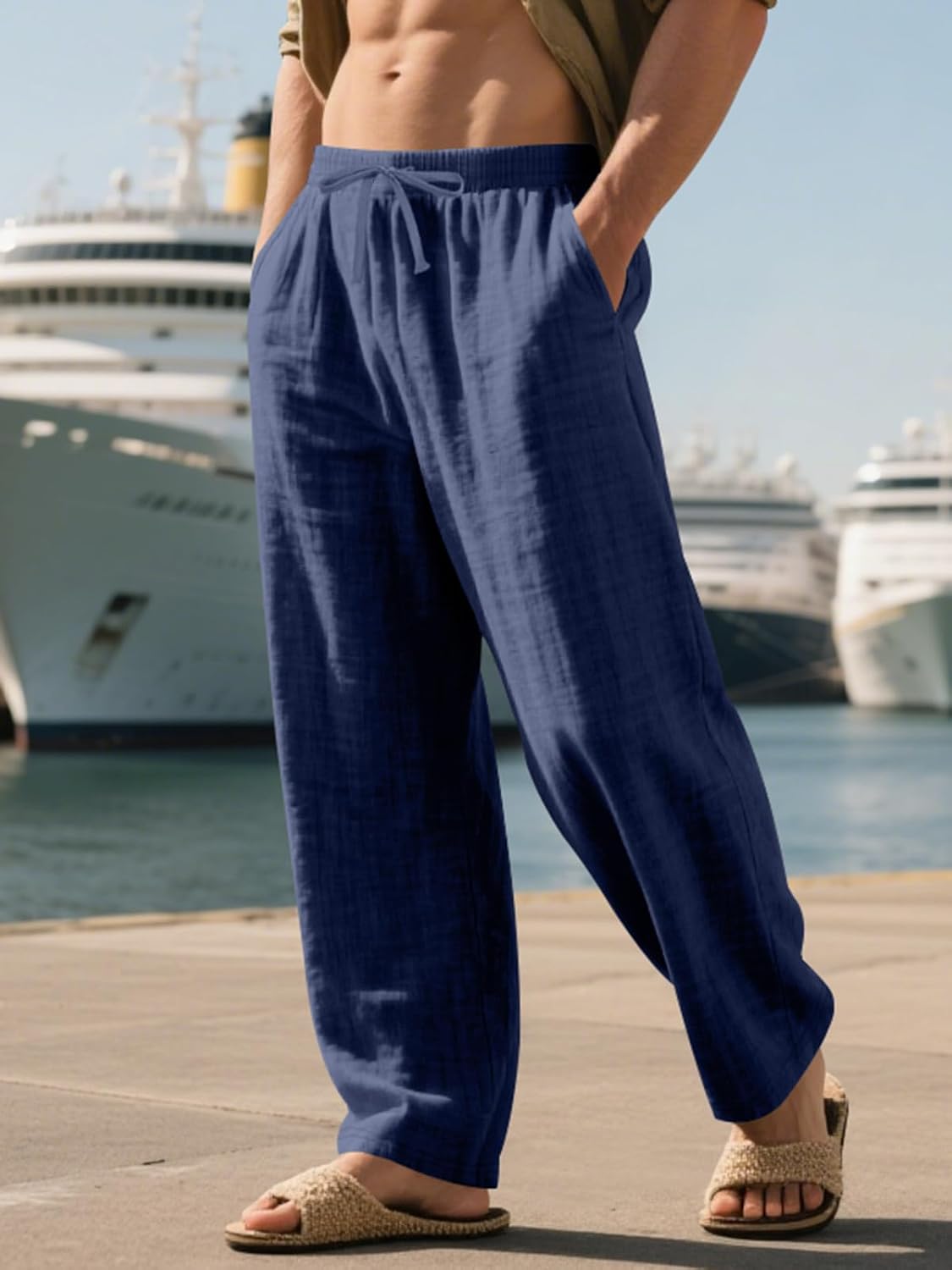 Mens Linen Pants Yoga Beach Loose Fit Casual Summer Elastic Waist Drawstring Baggy Trousers with Pockets