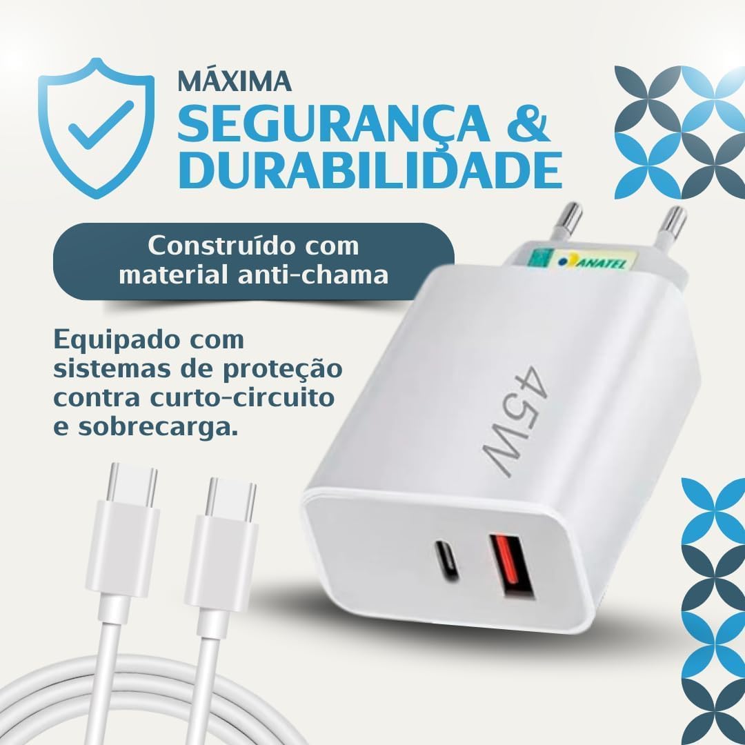 Carregador Universal Super Turbo 45W - 2 Saídas USB-C e USB-A, acompanha Cabo Emborrachado de 1M Ultra Rapido (Tipo-C para Tipo-C), Compatível com iPhone 15 e 16 e todos os Android