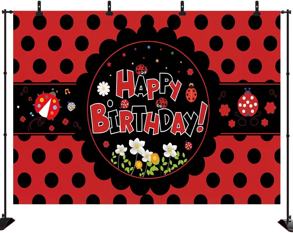 Ladybug Theme Happy Birthday Backdrop Banner Cute Ladybird Red and Black Polka Dots Decor Baby Shower Photo Studio Props Decoration XH020H (7X5FT)