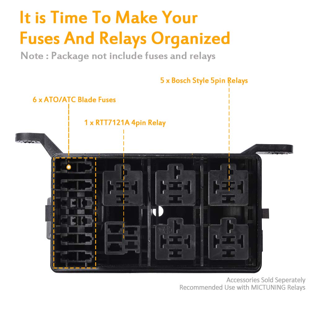 MICTUNING 12Slot Relay Box, 6 Relays & 6 ATC/ATO Fuses Holder Block