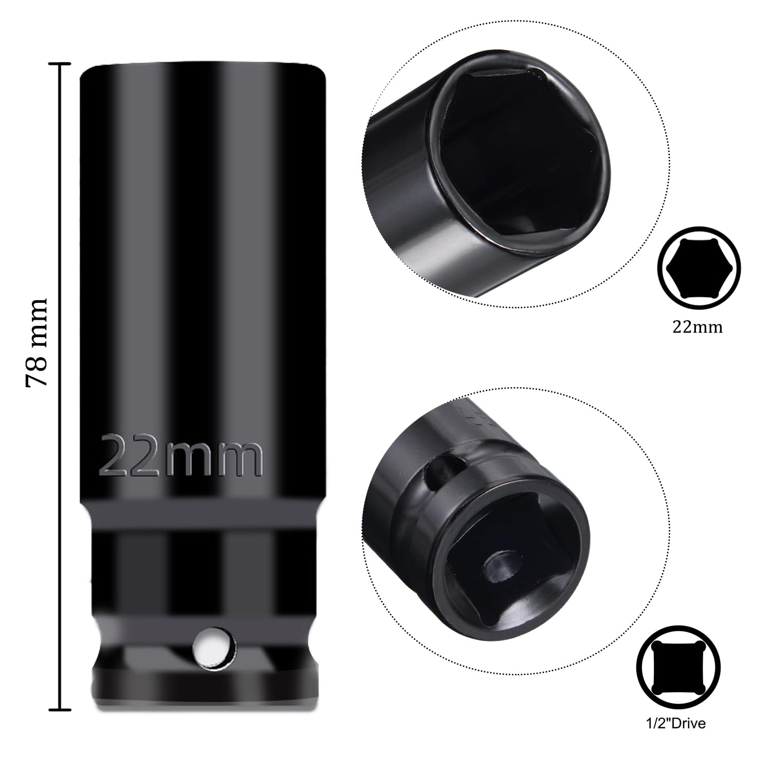 Juttzzei 1/2 Inch Drive 22mm Deep Impact Socket - Heat-Treated CR-V Steel, 78mm Length, 6-Point Metric Sizes for Car & Home Repair - Image 2