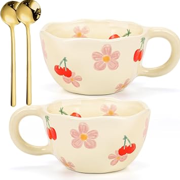 Yopay 2 Pack Ceramic Coffee Mug with Spoon, 8oz Handmade Hot Chocolate Mugs, Cute Cup for Girl Microwave Safe, Aesthetic Tea Milk Cup with Handle for Latte, Cocoa, Gift, MomCherry flower