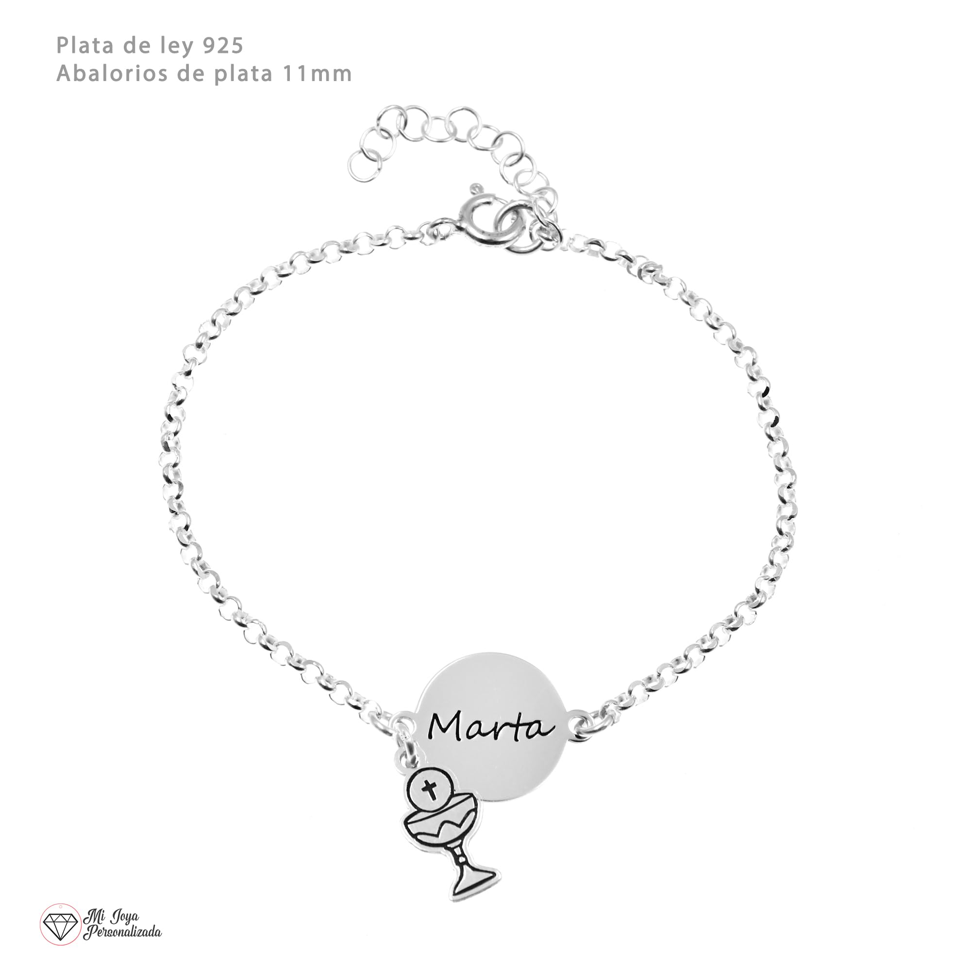 Pulsera Comunión Niña Personalizada - Brazalete con Medalla y Abalorios Religiosos de Plata de Ley