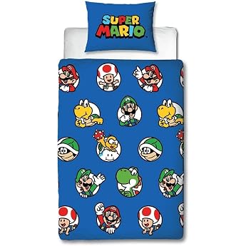 Nintendo Super Mario Offizielles Bettw sche-Set f r Einzelbett Continue Design blau wendbar 2-seitig offizielles Merchandise-Produkt inklusive passendem Kissenbezug