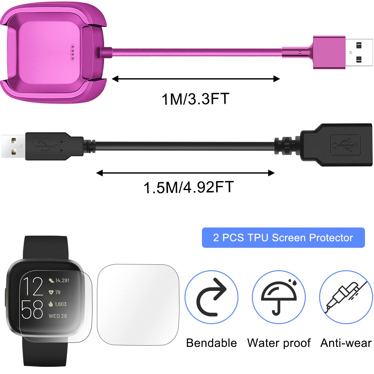 Braccialetto Fitness Flex Fitbit Caricatore Per Fitbit Charge 2 - Cavo USB Magnetico Da 53cm O 92cm, Ricarica Rapida E Portatile Fitbit Luxe - Foto 6