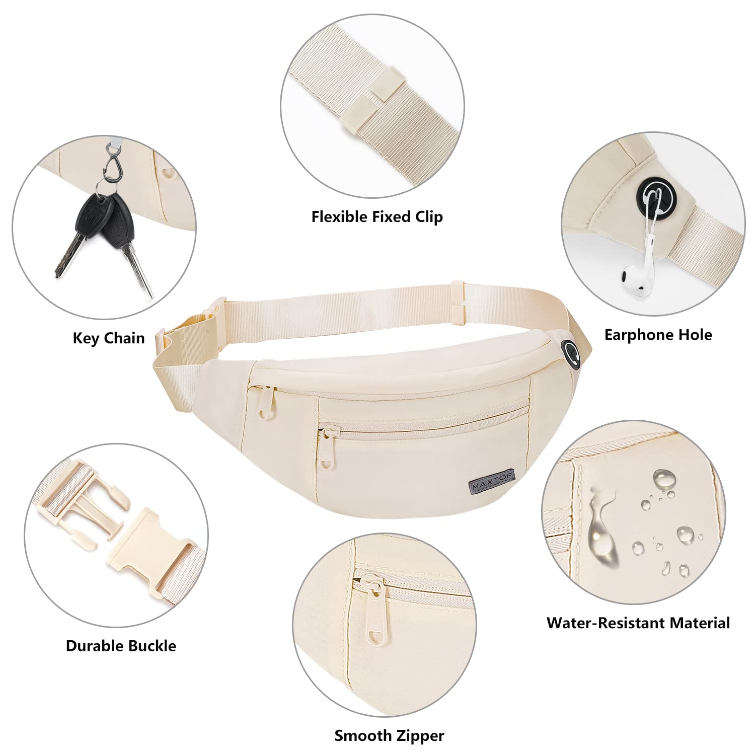 MAXTOP Marsupio Uomo Donna Unisex, Marsupio Impermeabile, con Jack per Cuffie e 4 Tasche con Cerniera, Cintura Regolabile per Allenamento all'aperto, Escursionismo