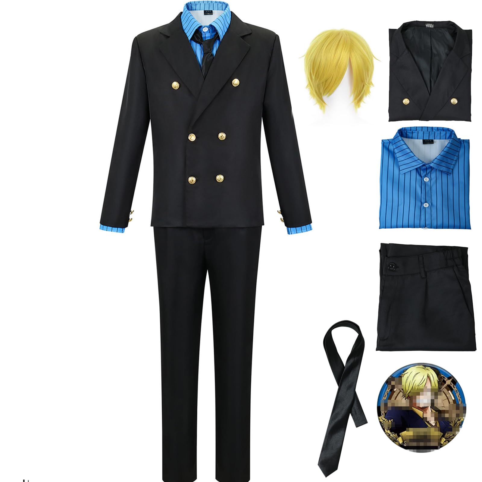 Sanji Cosplay Costume with Wig Sanji Costume Men Black Uniform Blue Shirt Outfit Halloween Set (Blue with wig, XX-Large)