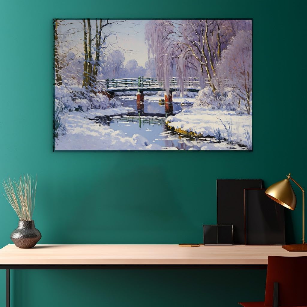 Canvas for Living room. Winter Serenity Captured on Canvas: A Snowy Bridge Over Tranquil Waters, 27 x 18 inch Canvas Wall Art - Contemporary Masterpieces - Modern Home Decor - 69x46 cm (27x18 inch)