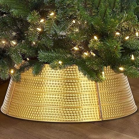 Vanleonet Gold Metal Christmas Tree Collar,28" Round Base Metal Christmas Tree Collar Skirt Base Stand Protection from Pets, Premium Holiday Decorations for Christmas Cover