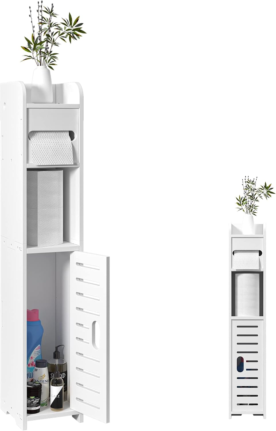 LuckyBond Small Bathroom Storage Cabinet Corner Shelf with Door and Shelf Narrow Toilet Paper Holder with Storage, Slim Toilet Vanity, White， 6" W x 7.7" D x 31.5" H