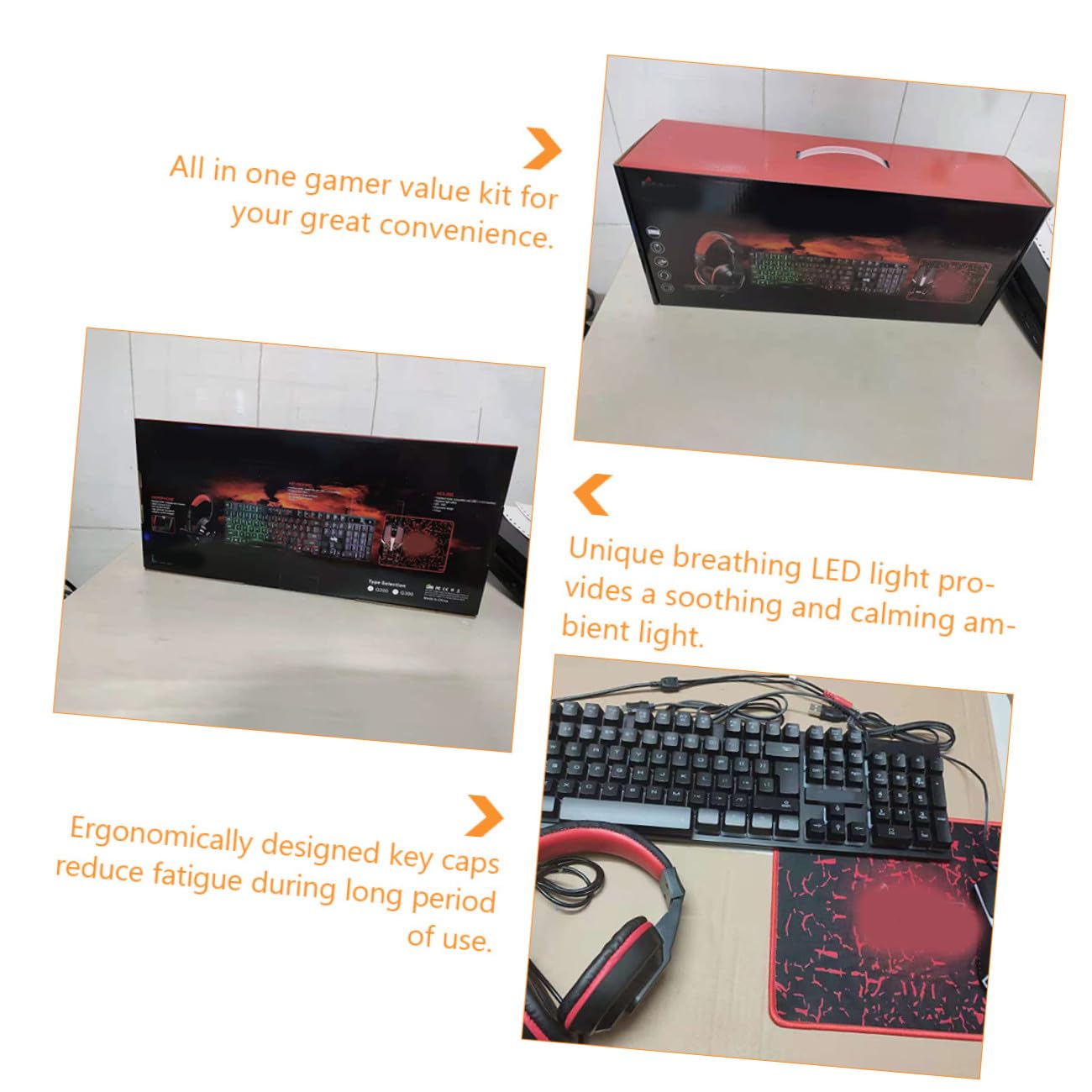 SHERCHPRY Ensemble Clavier Gamer Rétroéclairé Filaire Souris Optique, Casque Stéréo Micro Intégré et Tapis de Souris Lisse pour PC et Ordinateur Portable, Accessoire Gaming Polyvalent
