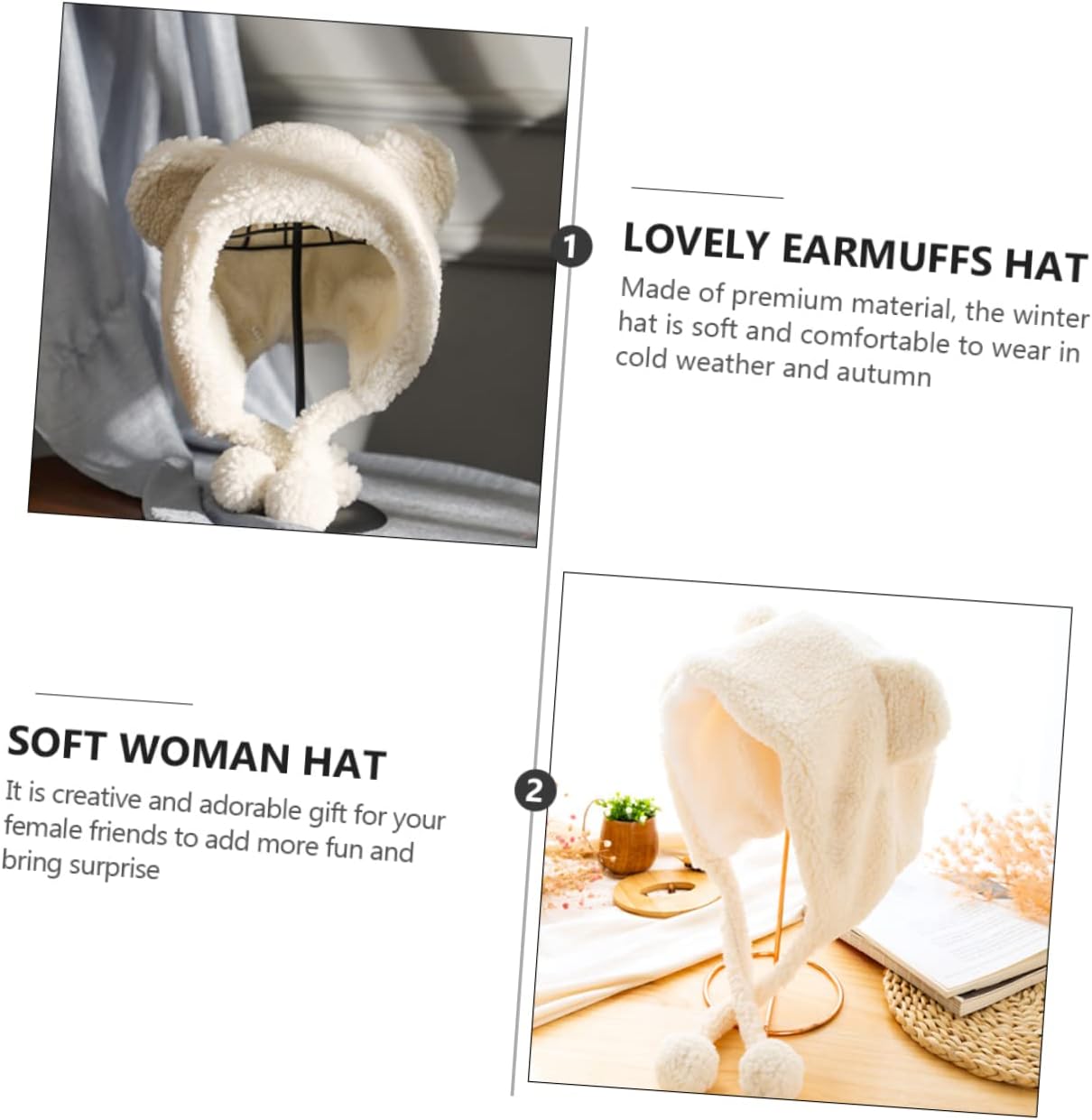 Ipetboom Warm Winter Women's Fleece Ear Protection Hat Cartoon Design Comfortable for Cold Weather White
