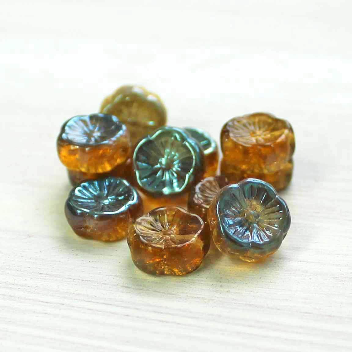 6 Hawaiian Flower Czech Pressed Glass Beads 12mm - Dual Metallic Turquoise Brown - CB208