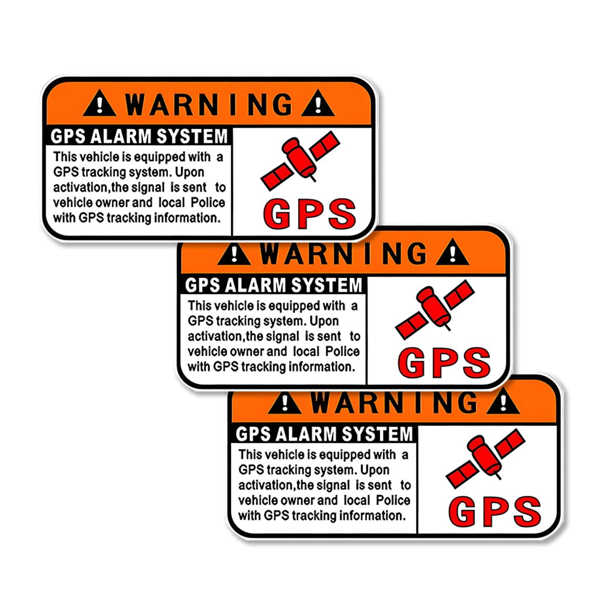 3PCS 1.6 x 3.2 Inch Warning GPS Alarm System Car Stickers, Anti-Theft Waterproof Self Adhesive Vinyl Vehicle Windows Door Cling Safety Warning Decals, Universal for SUV Truck Van (Orange)