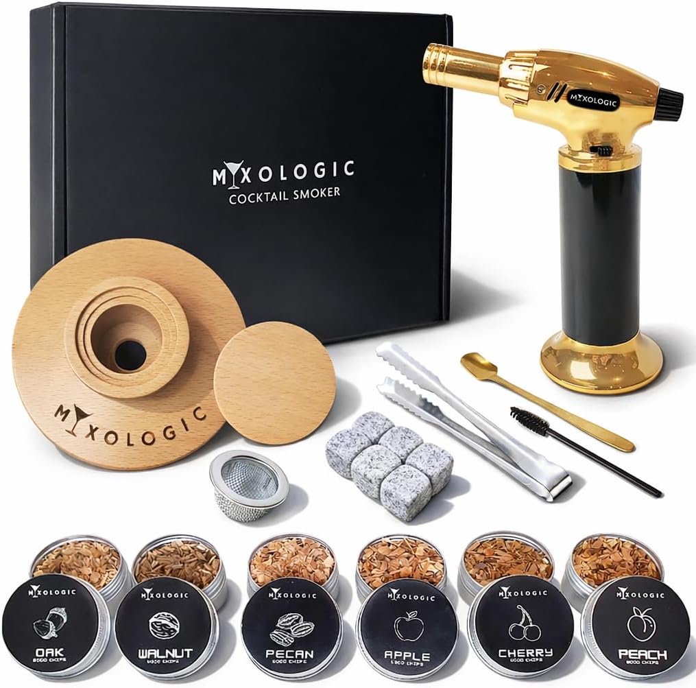MIXOLOGIC Whiskey Smoker Kit with Torch, 6 Wood Chips, Ice Stones & Accessories, Old Fashioned Whisky Set, Cocktail Smoker for Drinks, Bourbon Infuser, Men Gift, Husband, Dad (No Butane)