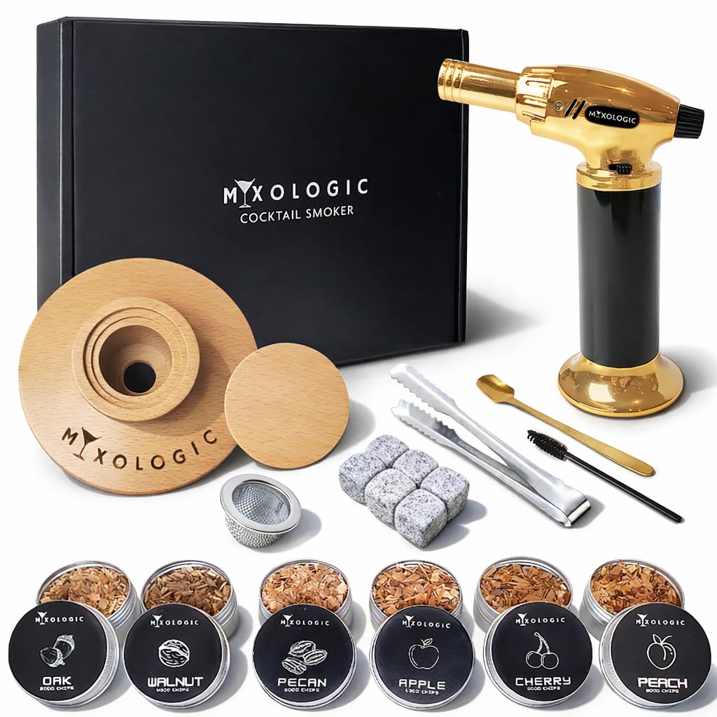 Mixologic Men's Gold Whiskey Smoker Kit With Torch, 6 Wood Chips, Ice Stones & Accessories, Old Fashioned Whisky Set, Cocktail Smoker For Drinks, Bourbon Infuser, Gift, Husband, Dad (No Butane)