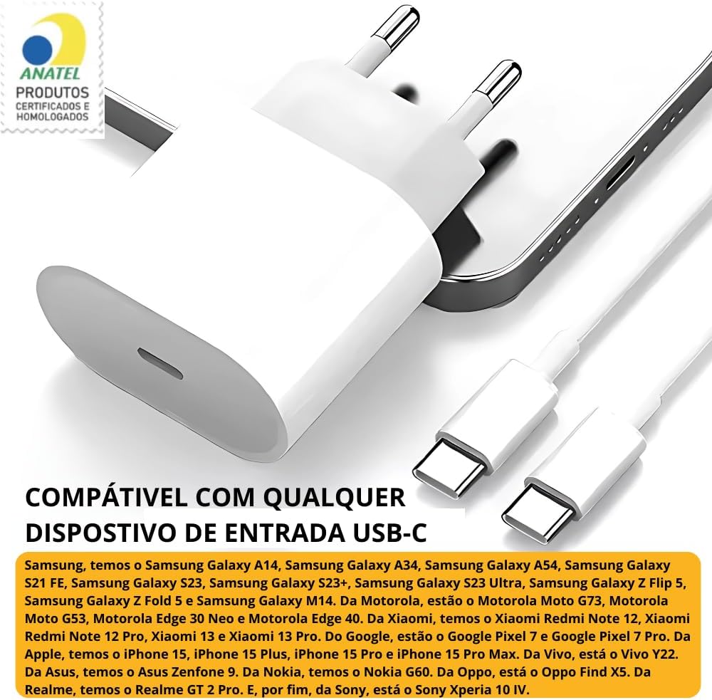 Carregador Entrada Tipo-C + Cabo Tipo C de 1 Metro, 20W Carregamento Turbo, Ultra Rapido, Compatível com iPhone 15/16 Pro/Pro Max e Galaxy S24/S23 Ultra