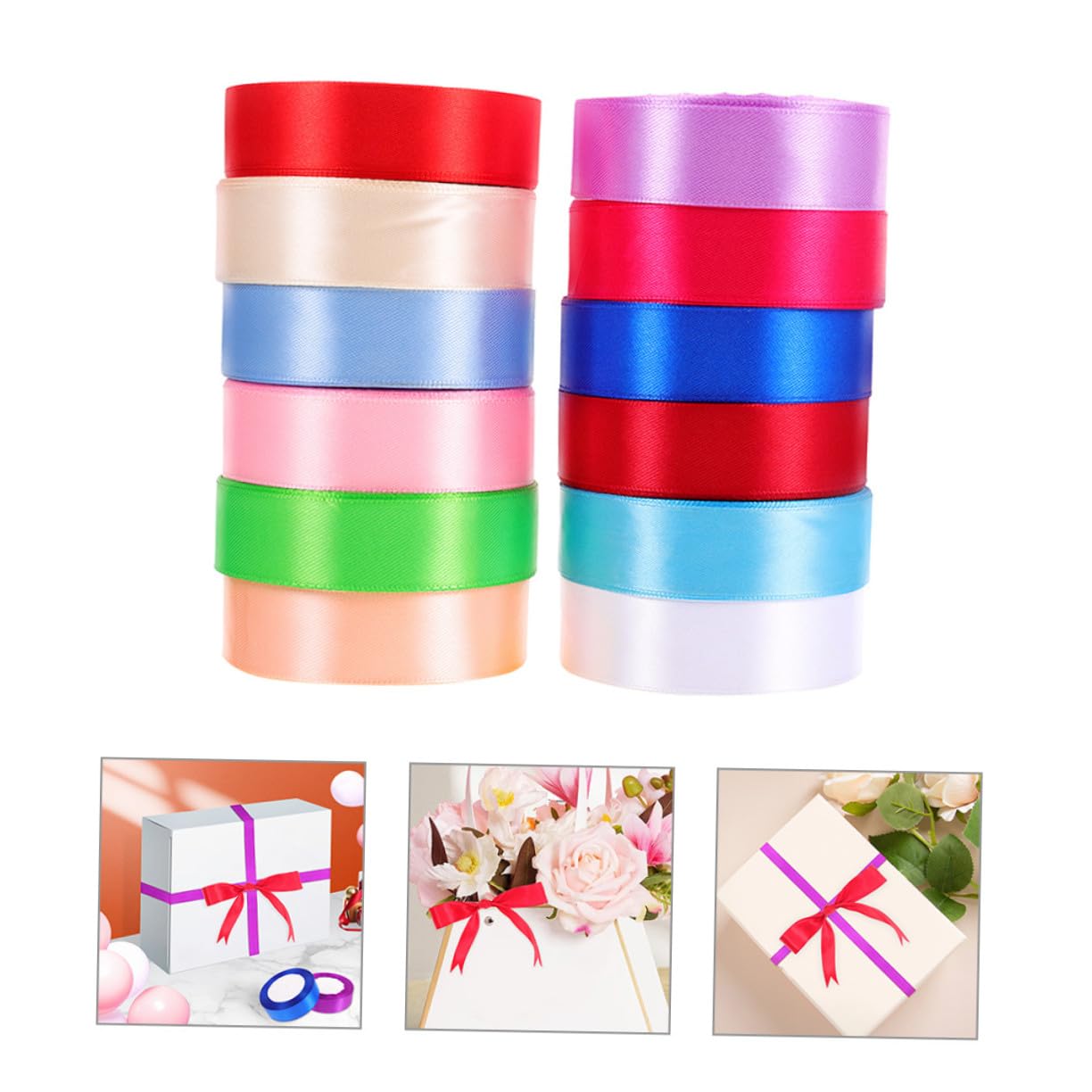 12 Rollen Farbige Satinbänder Breit Vielseitige Dekobänder für Geschenkverpackung Bastelarbeiten und DIY Dekoration Strapazierfähiges Polyester für Schleifen und Kreative