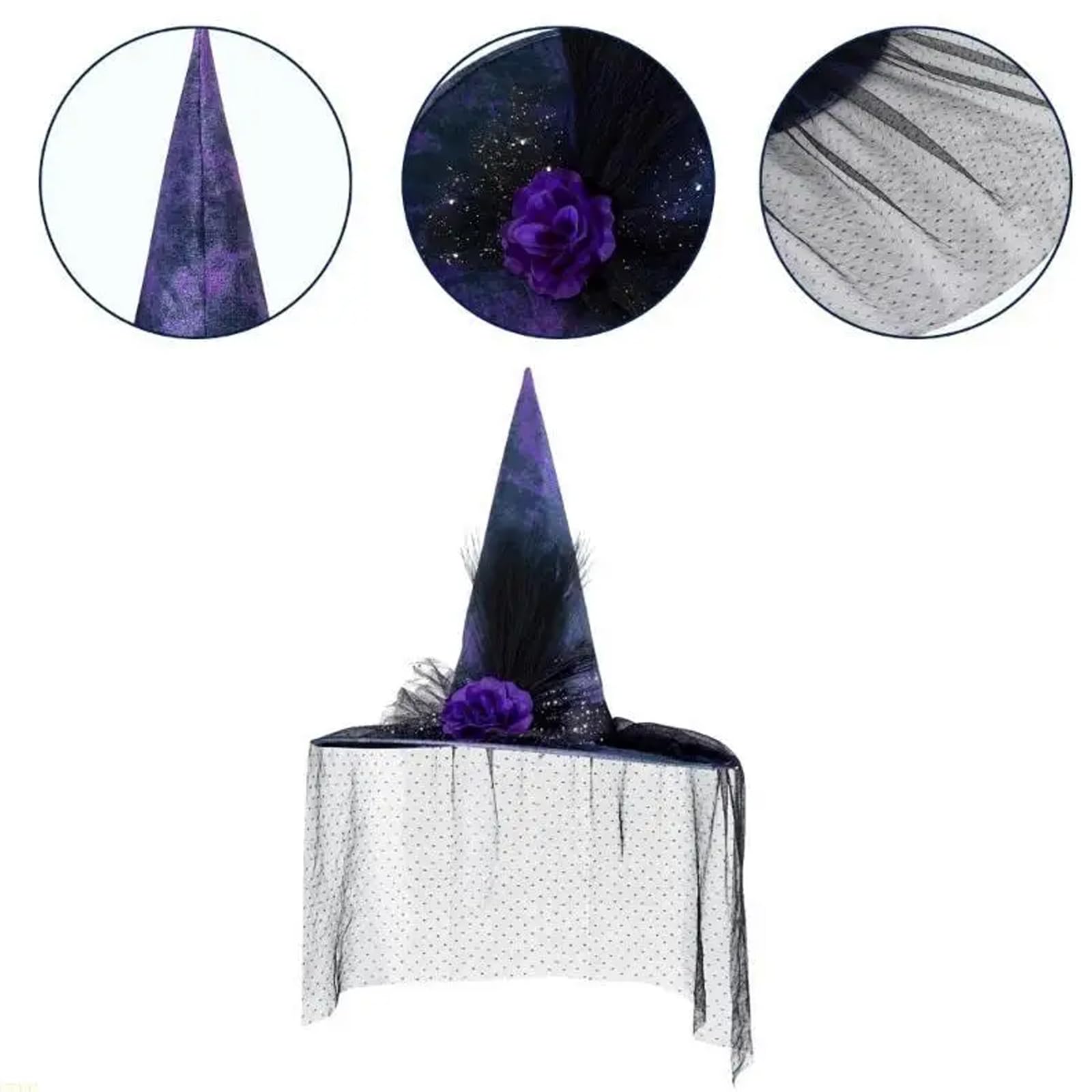 Gothic Mesh Purple Witch Hat Halloween Unisex Adult Witches Hat with Veil and Glitter Gauze & Floral Fancy Dress Costume Party Pointed Wizard Cap Cosplay Accessories for Christmas Masquerade Carnival - Image 3