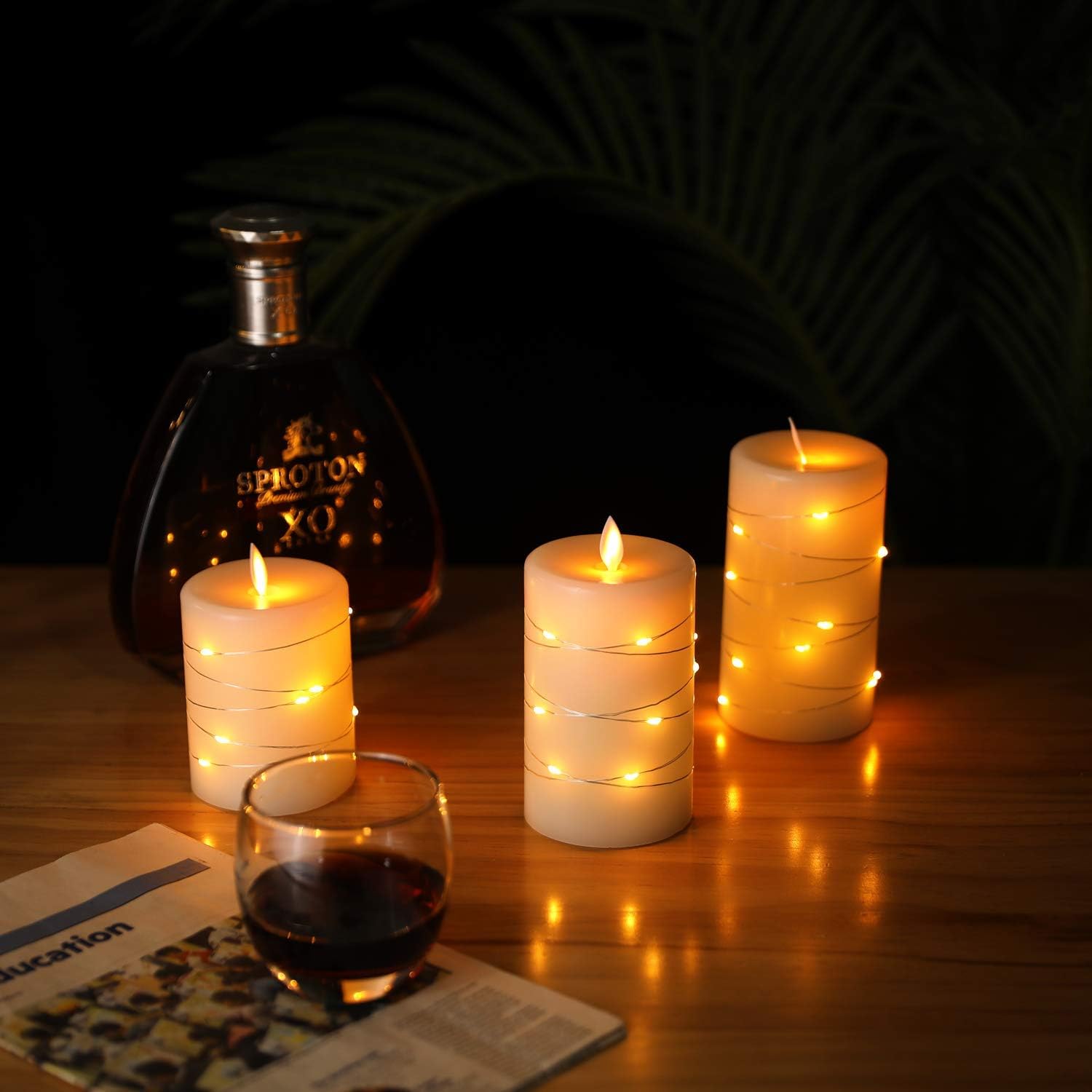 Flameless Candles, with Embedded String Lights, Da by 3-Piece LED Candles, with 10-Key Remote Control, 24-Hour Timer Function, Dancing Flame, Real Wax, Battery-Powered(Batteries not Included).: Home Improvement