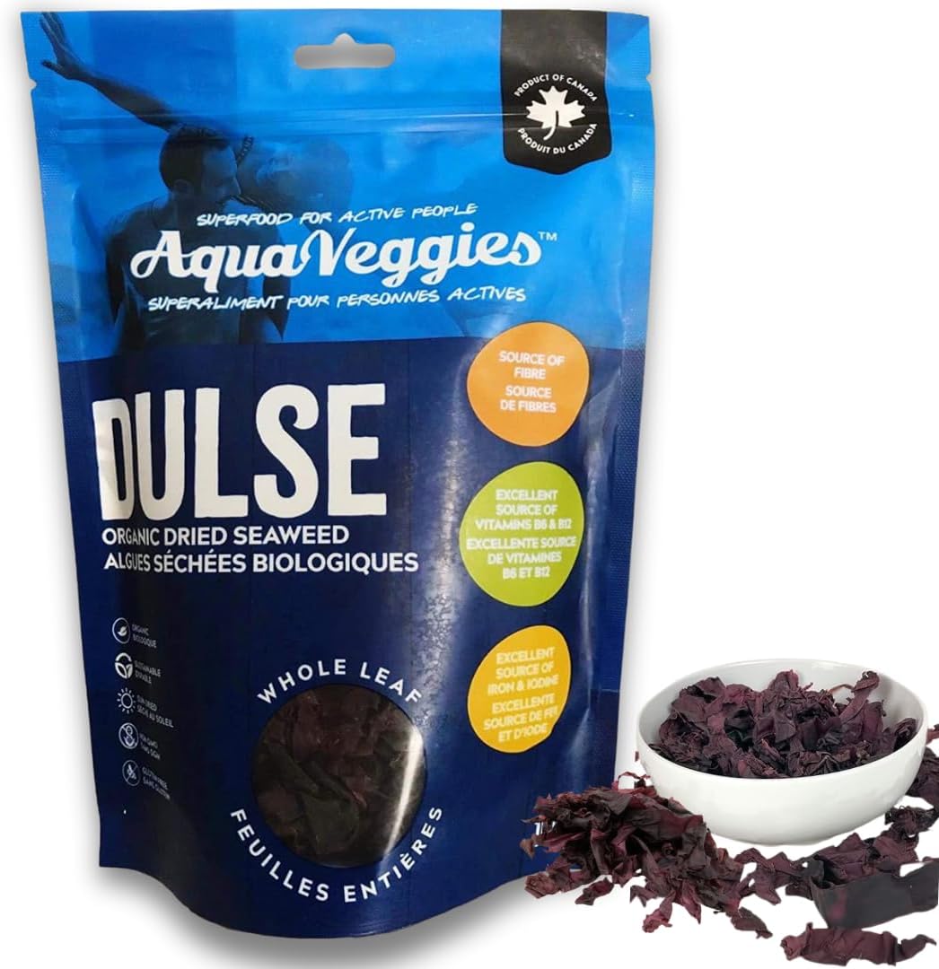 Aqua Veggies Organic Dulse Whole Leaf – Sun-Dried Atlantic Seaweed from Bay of Fundy – Iodine-Rich Vegan Superfood – B6, B12, Iron, Calcium, Magnesium – Non-GMO, Raw, Keto – 3.5oz