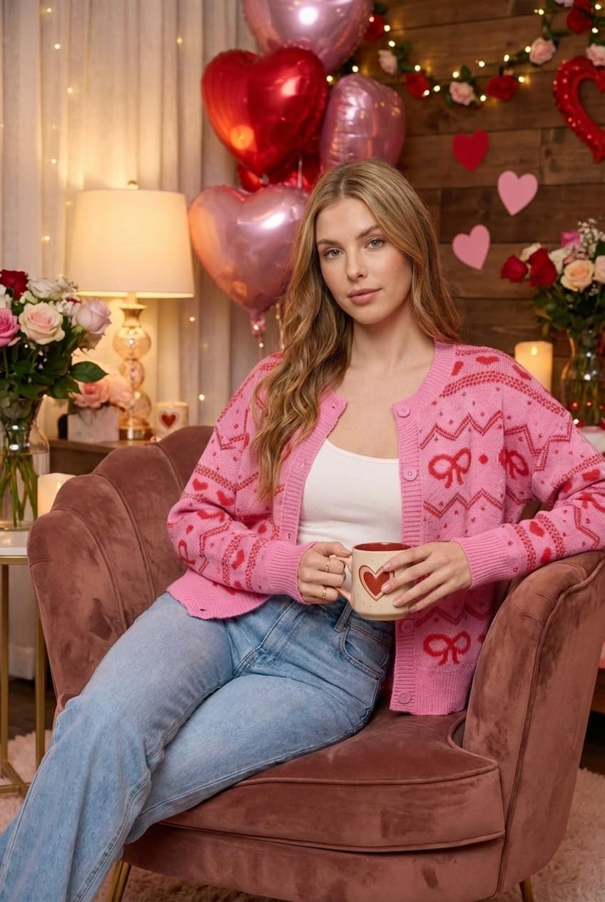 Valentine's Day Cardigan for Women Kawaii Cute Bow Heart Love Pattern Knitted Cropped Button Up Sweater Trendy Tops