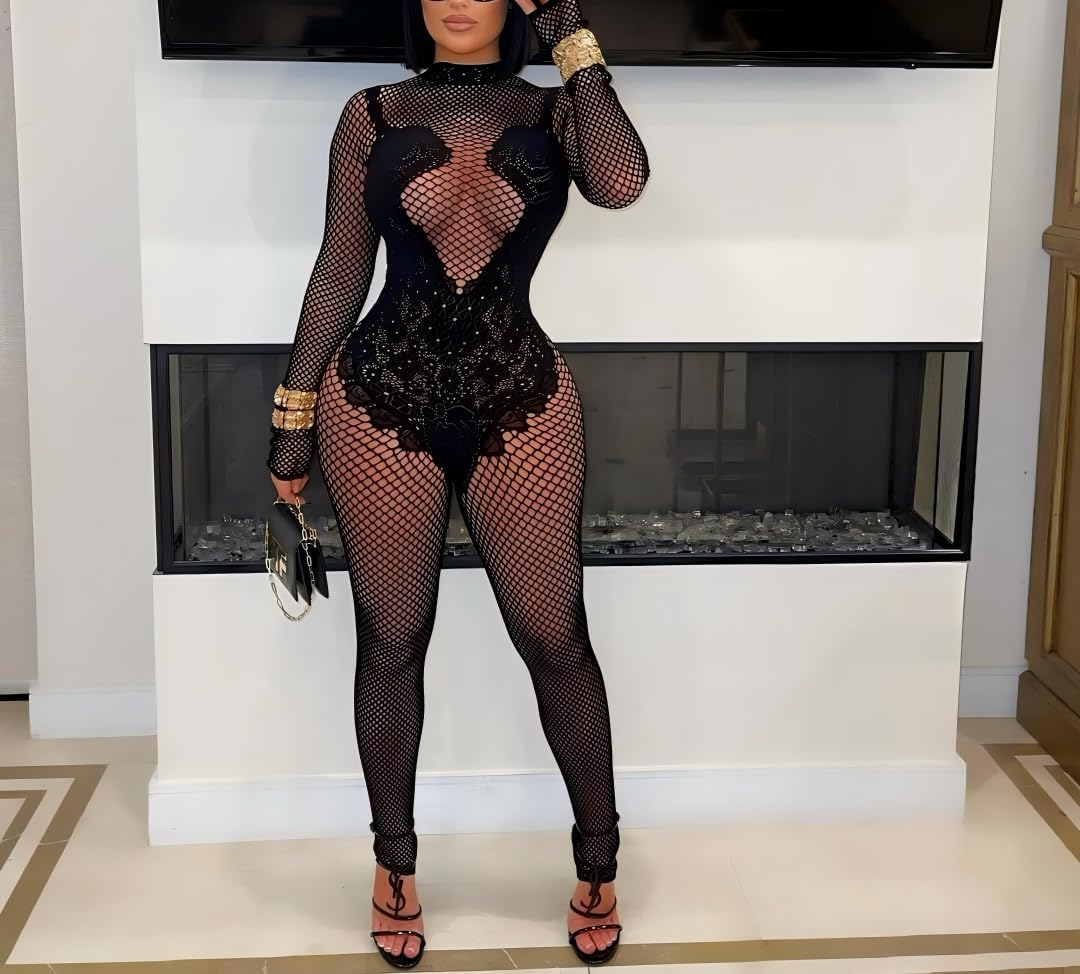 Women's Sexy Mesh Hollow Jumpsuit Club Rave Party Bodysuit Lace One Piece Romper - Image 3