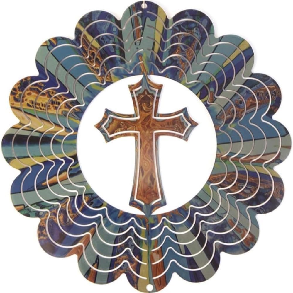 Cross Wind Spinner - 11 Kaleidoscope Cross Blue Metal Yard Art, Rust-Resistant Garden Art, Backyard Decor, Powder Coated Metal Yard Decor, Swivel for Indoor or Outdoor